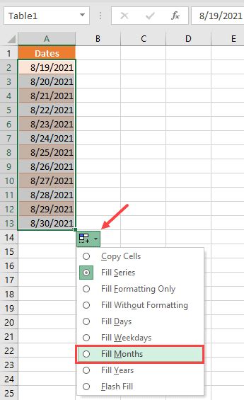 how to autofill month in excel