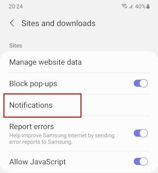 how to block notifications from a website on android samsung
