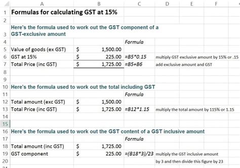 how to calculate 15 gst in excel