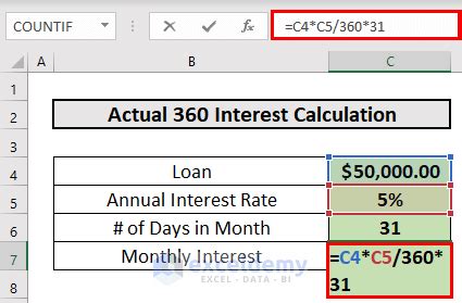 how to calculate 360 day interest in excel