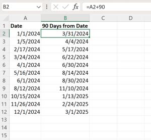 how to calculate 90 days prior to a date in excel