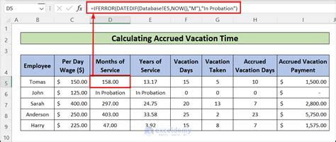 how to calculate accrued vacation time in excel