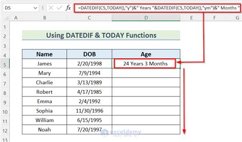 how to calculate age in years and months excel