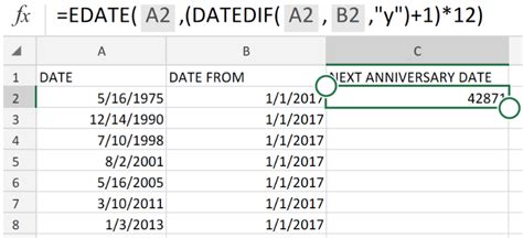 how to calculate anniversary date in excel