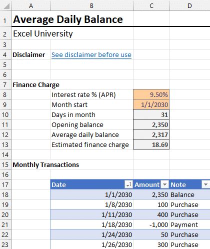 how to calculate average daily balance on bank statement in excel