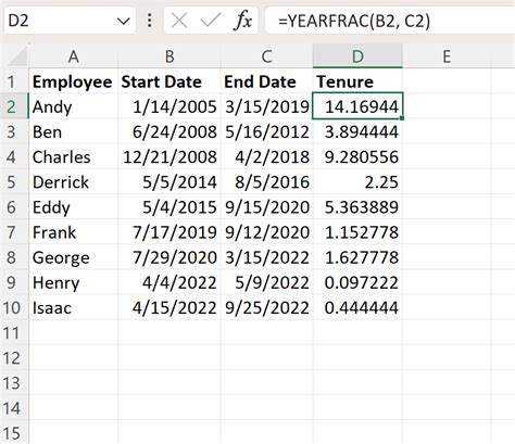 how to calculate average tenure in excel