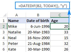 how to calculate birthday age in excel