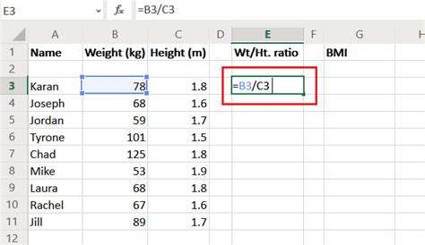 how to calculate bmi from height and weight in excel