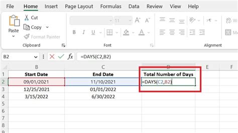 how to calculate days in between dates in excel
