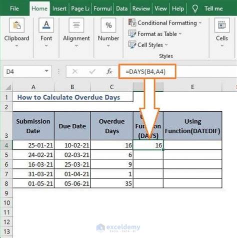 how to calculate days overdue from today in excel