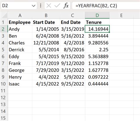how to calculate employee tenure in years and months in excel