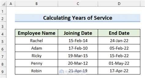 how to calculate in excel years of service