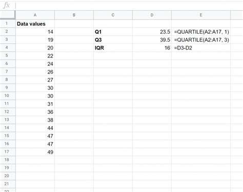 how to calculate interquartile range in google sheets