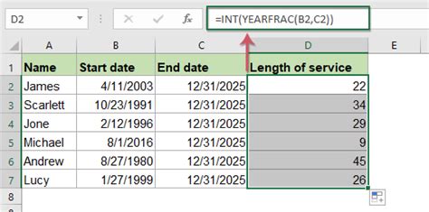 how to calculate length of service in excel in decimal