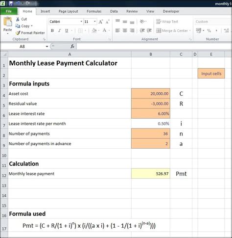how to calculate monthly lease payment in excel