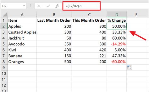 how to calculate percent change formula in excel