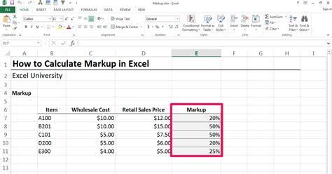 how to calculate percentage mark up in excel