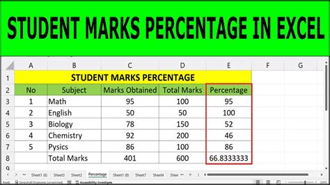 how to calculate percentage of marks in ms excel