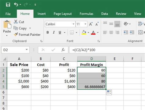how to calculate percentage profit margin in excel
