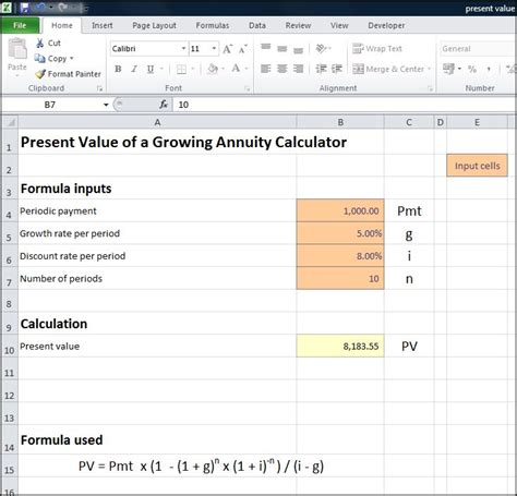 how to calculate pv of growing annuity in excel