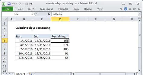 how to calculate remaining days from a date in excel