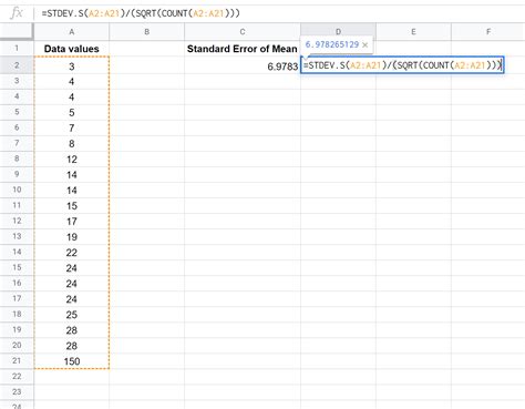 how to calculate standard error of the mean in google sheets