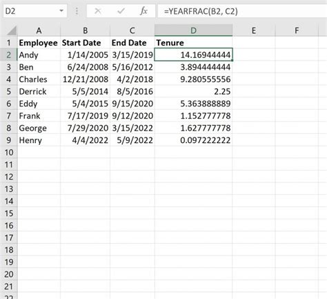 how to calculate tenure in decimal in excel