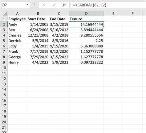 how to calculate tenure in years and months in excel between two dates