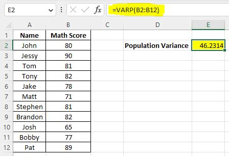 how to calculate the population variance in excel