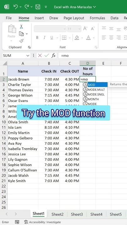 how to calculate time difference in excel using mod function