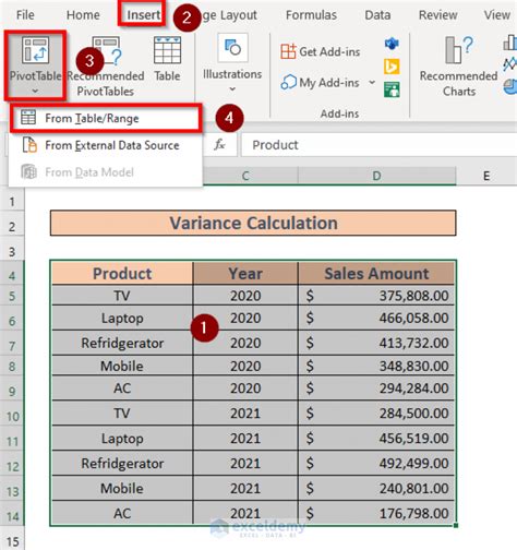 how to calculate variance in excel pivot table