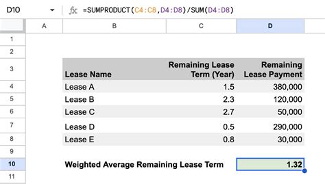 how to calculate weighted average remaining lease term in excel
