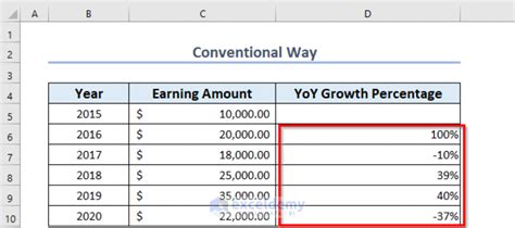 how to calculate year on year change in excel
