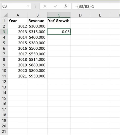 how to calculate year on year growth in excel
