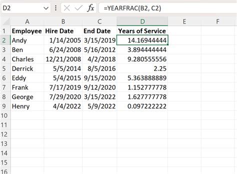 how to calculate years of service in excel 365