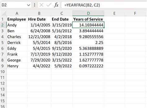 how to calculate years of service in excel using current date