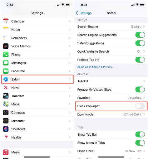 how to change browser settings on iphone to allow pop ups