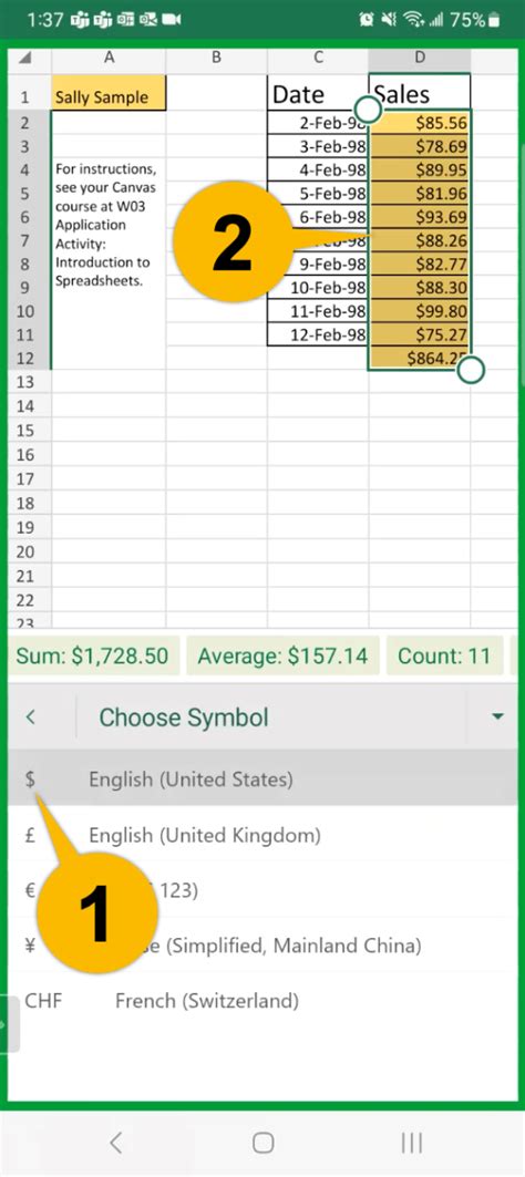 how to change currency format in excel on android