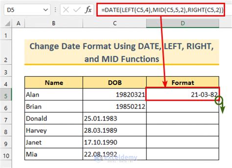 how to change date format in excel using date formula