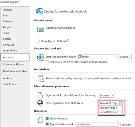how to change default browser for outlook hyperlinks