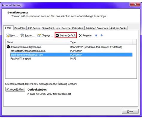 how to change default email address in outlook
