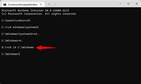 how to change directory in cmd from c to d