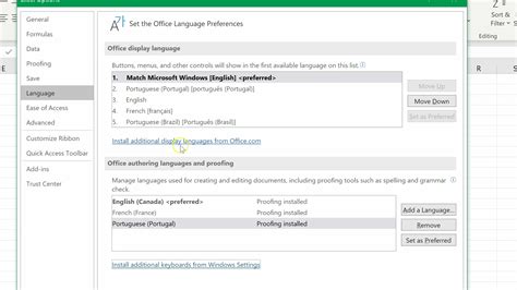 how to change display language in excel 2016