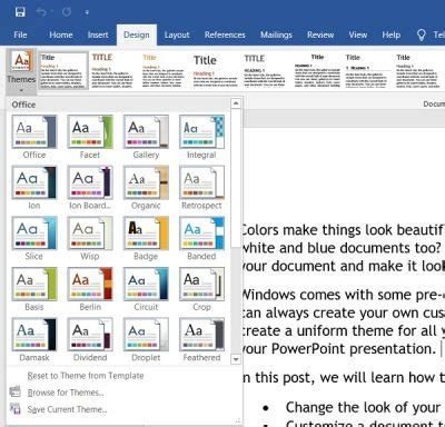 how to change document theme on microsoft word