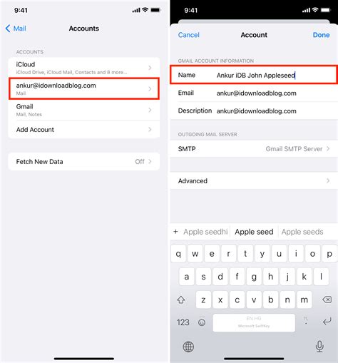how to change email display name in iphone