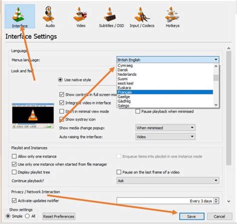 how to change language in vlc player in phone