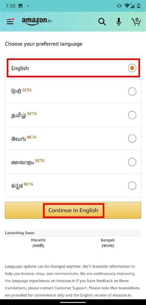 how to change language settings in amazon mobile app
