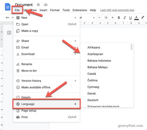 how to change language settings on google docs