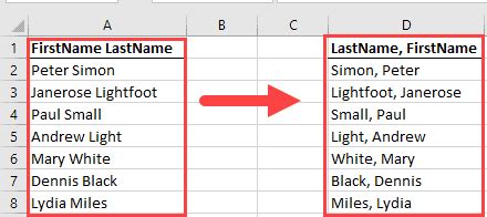how to change last name first name order in excel