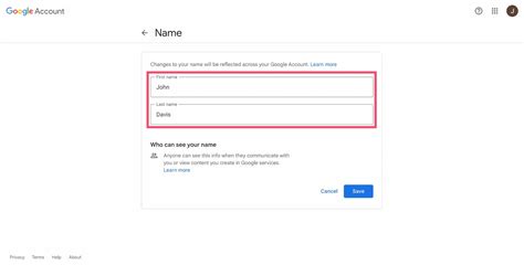 how to change name in google account email